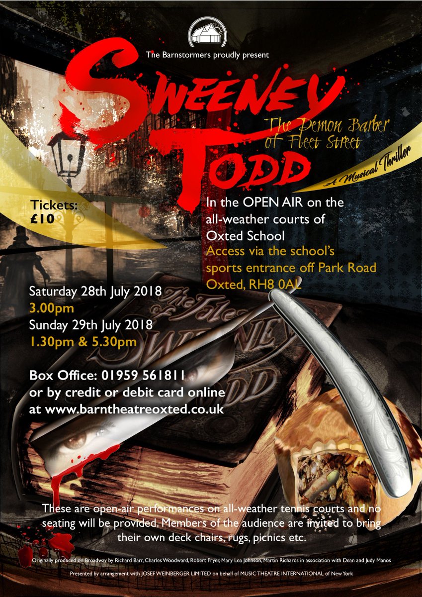 Bring a chair and picnic to see The Barnstormers open-air previews of the dark and unsettling tale of obsession and revenge, Sweeney Todd: The Demon Barber of Fleet Street. 28 (3.00) &amp; 29 (1.30 &amp; 5.30) July, 01959561811, barntheatreoxted.co.uk #BarnOxted