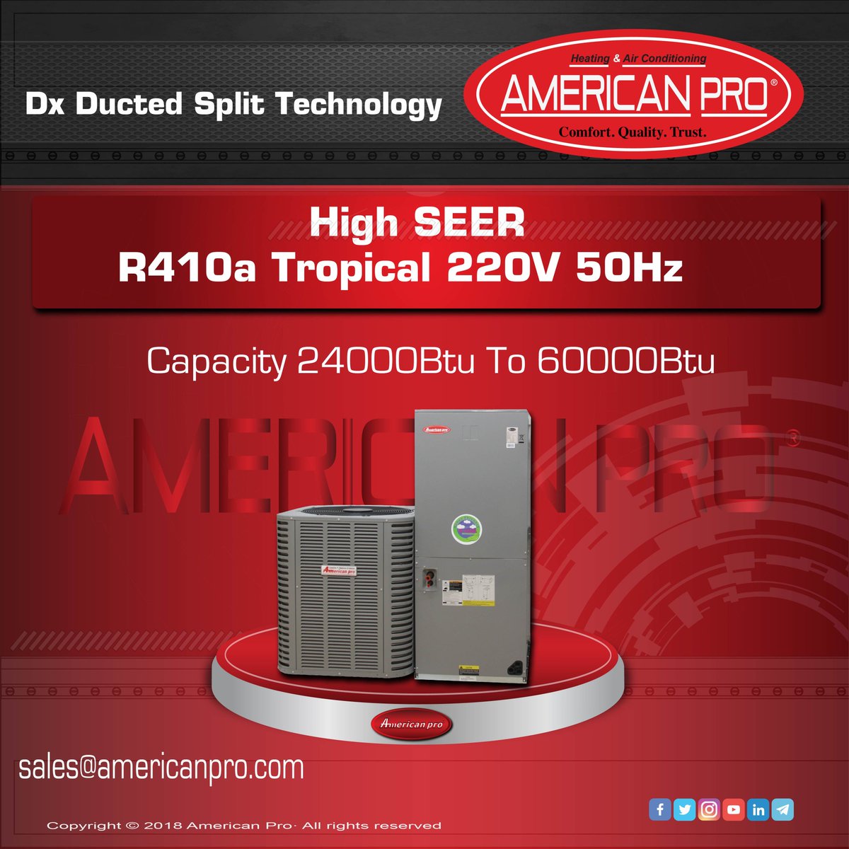 AfkaInc's tweet photo. Think American pro® when it comes to High SEER Tropical DX Ducted Splits, proud leaders to this day. Contact us for any pricing and specifications: sales@americanpro.com 
https://t.co/UdIat13J9O 
#ducted #splitsystems#ductedtype##SEER #r410a #hvacsales #airconditioning https://t.co/JOX8jN4B9G