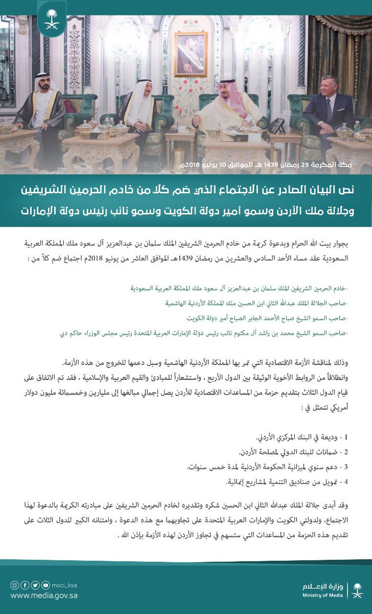 media_ksa's tweet photo. نص البيان الصادر عن الاجتماع الذي ضم كلاً من خادم الحرمين الشريفين وجلالة ملك الأردن وسمو أمير دولة الكويت وسمو نائب رئيس دولة الإمارات.
#قمة_مكة_لدعم_الأردن https://t.co/1TkDOWB8O3