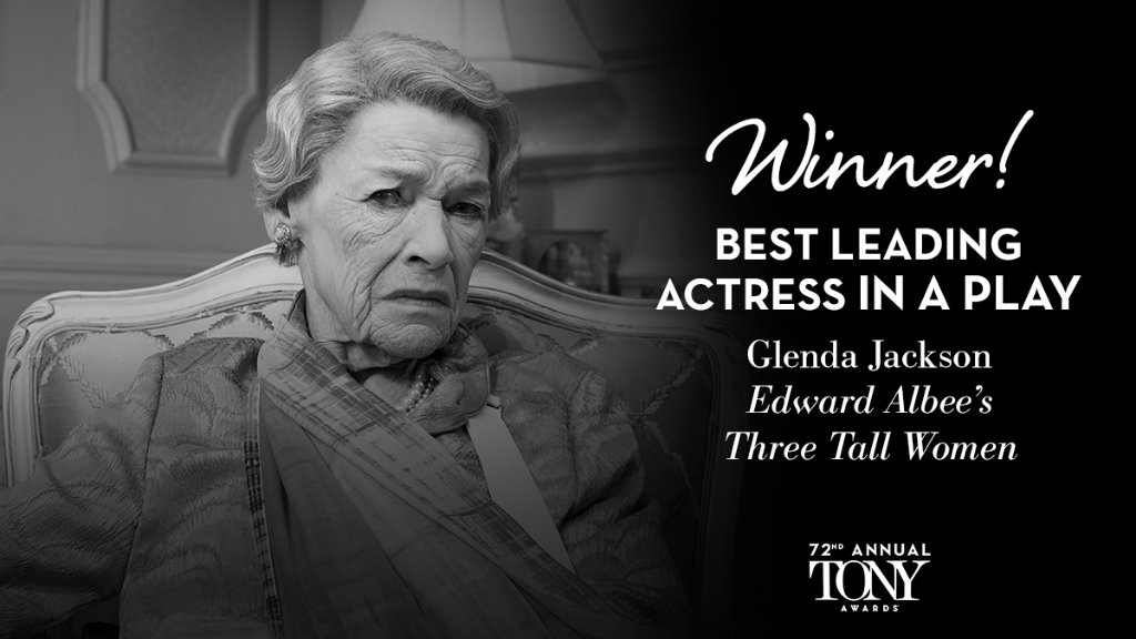 And the Tony for Best Leading Actress in a Play goes to… Glenda Jackson for @threetallwomen. #TonyAwards #ThisIsBroadway