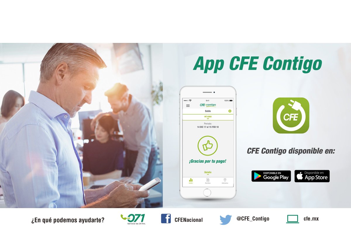 CFE_Contigo's tweet photo. Te invitamos a descargar la aplicación oficial de CFE Suministrador de Servicios Básicos "CFE Contigo" y en todo momento consulta tu recibo, paga y ubica Centros de Atención a Clientes #AppCFEContigo
Descarga aquí:
 Android: https://t.co/GIip7W6OvY
 IOS: https://t.co/1GtxzPwv1r https://t.co/OWMDgM7G6Q