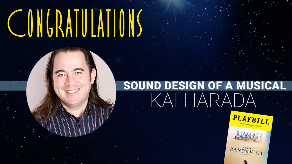 playbill's tweet photo. Best Sound Design of a Musical goes to @TheBandsVisit’s Kai Harada! #TonyAwards https://t.co/Bd8V7ytoMV https://t.co/JShIe3pns5