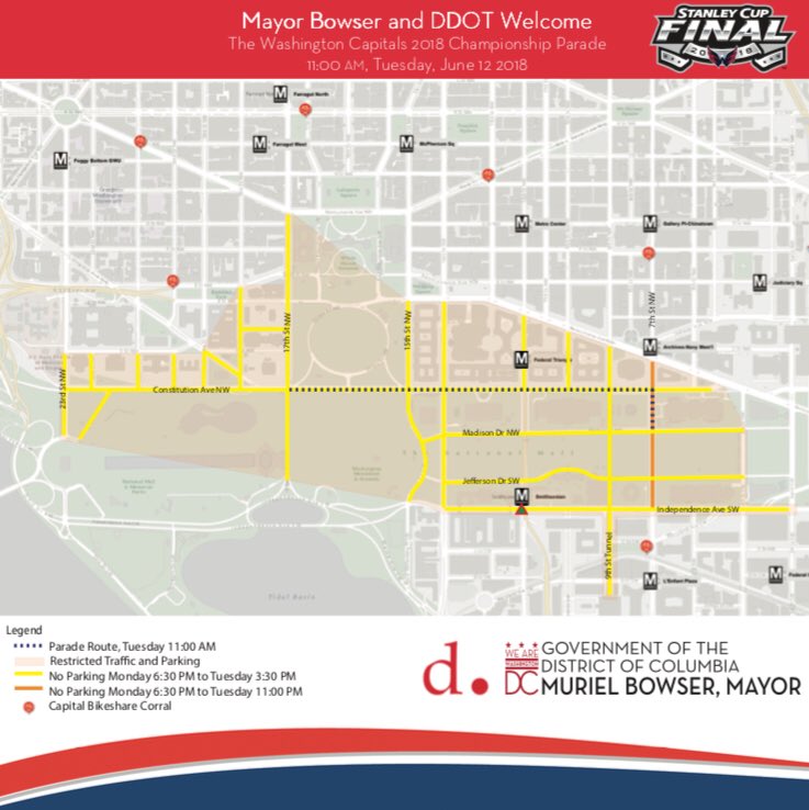 Time to start prepping for the big day - Tuesday’s Washington <a href="/Capitals/">Washington Capitals</a> 2018 Championship Parade! 

A few reminders: 

1. Take Metro or rideshare 🚇🚘
2. Bring plenty of water 💦
3. Text “ALLCAPS” to 888-777 for alerts. 📲
 
For full parade info, visit caps.dc.gov.