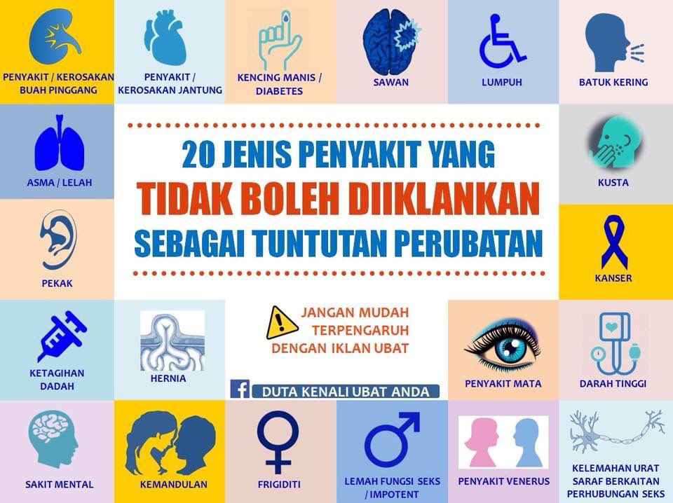 rafidah72's tweet photo. Kalau ada sesiapa sebut 20 penyakit ini semasa nak menjual produk.

Mereka adalah:
1. Penipu.
2. Menyalahi undang-undang: Akta Ubat (Iklan &amp; Penjualan) 1956.

Jauhi mereka. https://t.co/Ovkgjht73T