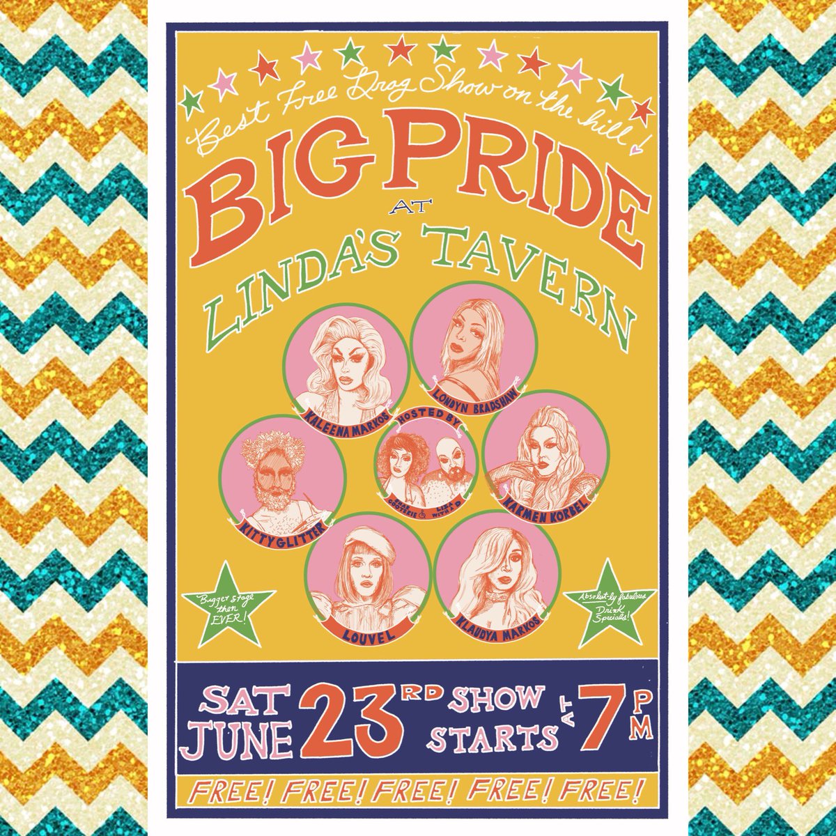 Lindastavern's tweet photo. PRIDE PARTY AT LINDAS!! Performances by Kaleena Markos, Londyn Bradshaw, Karmen Korbel, Klaudya Markos, Louvel and Kitty Glitter! 6/23, 7PM NO COVER!!! https://t.co/RixiFrpUHY