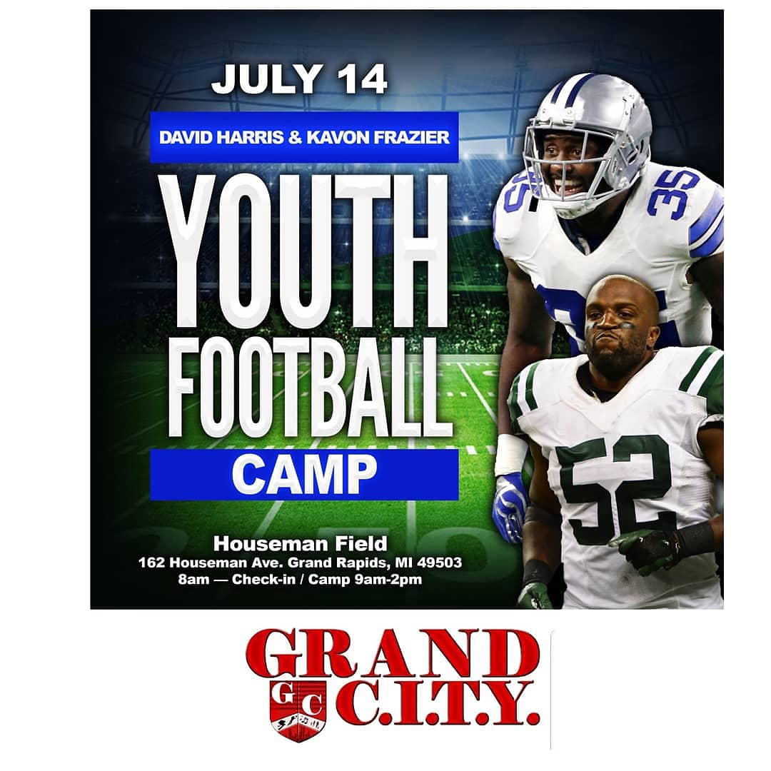 GrandCitySports's tweet photo. #SaveDates #July 13th & 14th @NFL Pro @CityGrandRapids Natives #KavonFrazier @Kay_BlackSimba & #DavidHarris FREE Youth Football Camps. Visit our Facebook for registration links. @grkids @ExperienceGR #GrandCitySportsTurns10 https://t.co/SMGlzZbbwA
