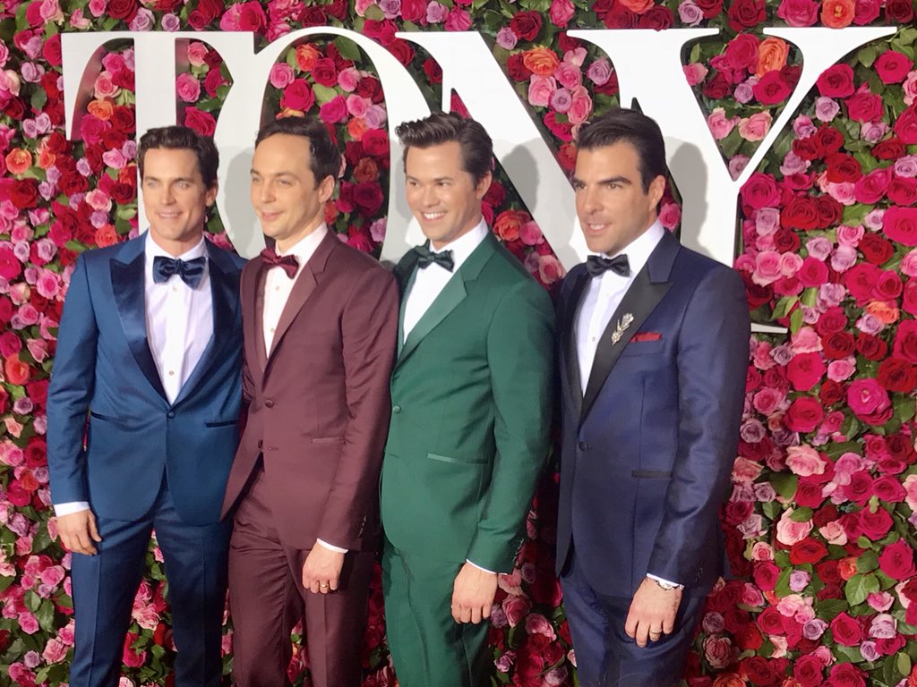 Cast members from The Boys in the Band — Matt Bomer, Jim Parsons, Andrew Rannells, and Zachary Quinto — all color-coordinated their Paul Smith tuxes for tonight’s #TonyAwards ... #TonyAwards2018 #ThisIsBroadway