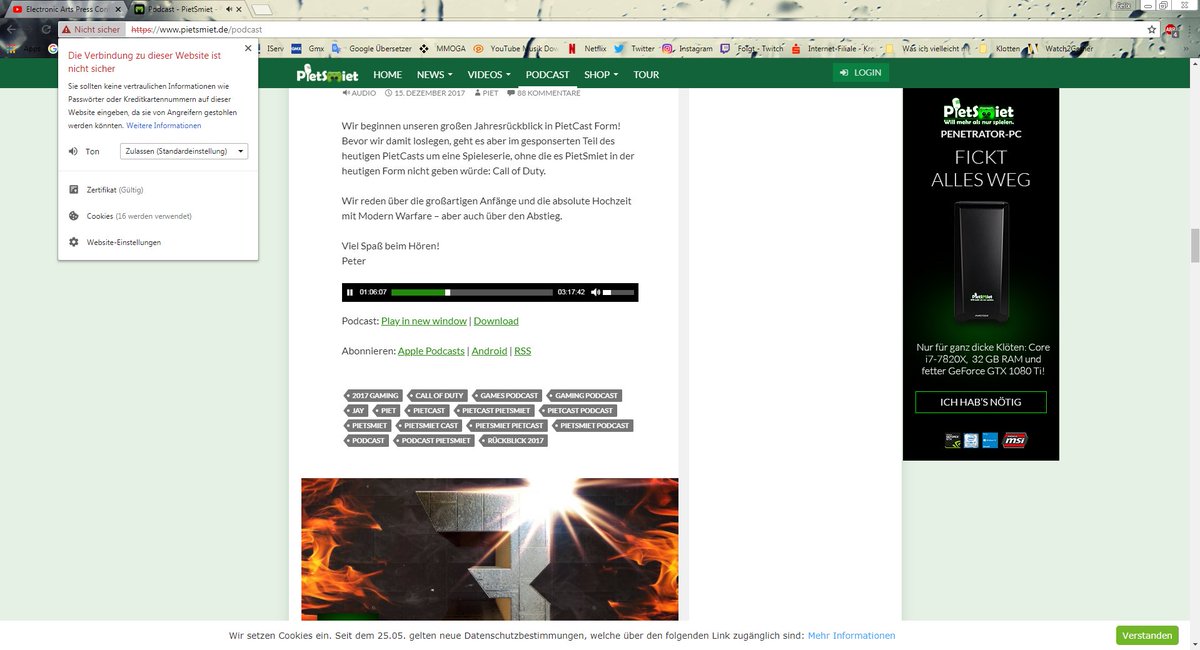 itsBawdy's tweet photo. @PietSmietArmy @PietSmiet @DomiNoVox Ich musste bei Google Chrome erst etwas aktivieren und jetzt zeigt mir die Seite an https://t.co/df6mgWMh4n wäre nicht sicher :/ https://t.co/cIlfbiaRmq
