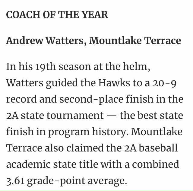 TerraceBaseball's tweet photo. Huge shoutout to our very own Coach Andrew Watters for being named Coach of the Year by @HeraldNetPreps https://t.co/ktngUgQDox