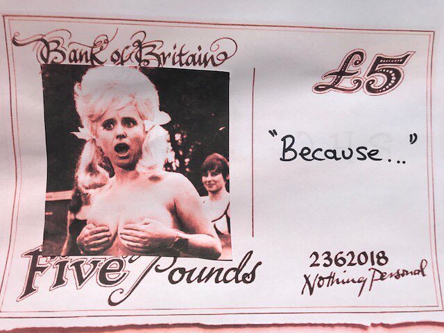 CrossStreetArts's tweet photo. Submission by @louise_garman for #nothingpersonal by Andy Smith - who/what national icon would you put the £5 note? .
#wiganart #soloexhibition #seekingsubmissions #submission #carryon #barbarawindsor #carryonfilms #nationalicon #fivepoundnote #artistres… https://t.co/0UjA8CgFgO https://t.co/yYno8c0uyM