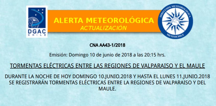 hwittigb's tweet photo. Alerta Meteorológica AA43-1/2018 - DMC emisión: domingo 10 de junio de 2018 a las 20:15 hrs. tormentas eléctricas entre las regiones de Valparaiso y El Maule durante la noche de hoy domingo 10.junio.2018 y hasta el lunes 11.junio.2018 https://t.co/DKLGWISJU0