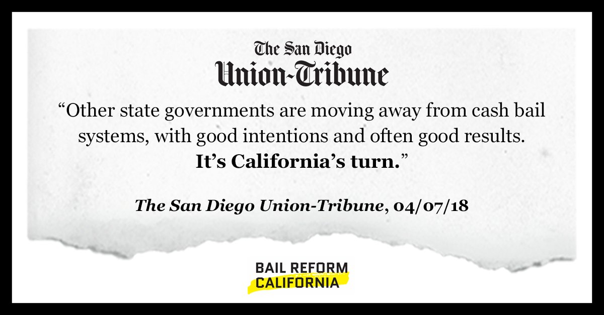 BailReformCA's tweet photo. .@sdut Editorial Board agrees: It’s time to pass #BailReform in California! “Other state governments are moving away from cash bail systems, with good intentions and often good results. It’s California’s turn.” https://t.co/o9A4HECVKa @sdutIdeas https://t.co/uoZ5vnXMQD