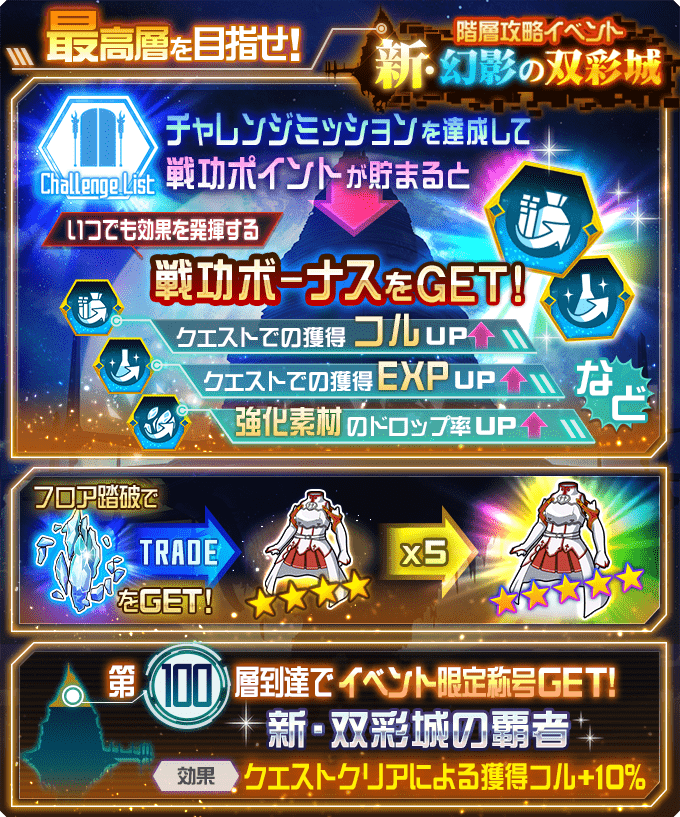 saomd_gameinfo's tweet photo. 本日15時より階層攻略「新・幻影の双彩城」が開催!! 一新されたチャレンジミッションに挑戦して特別な称号を手に入れよう!! #メモデフ https://t.co/4weOW3asCK