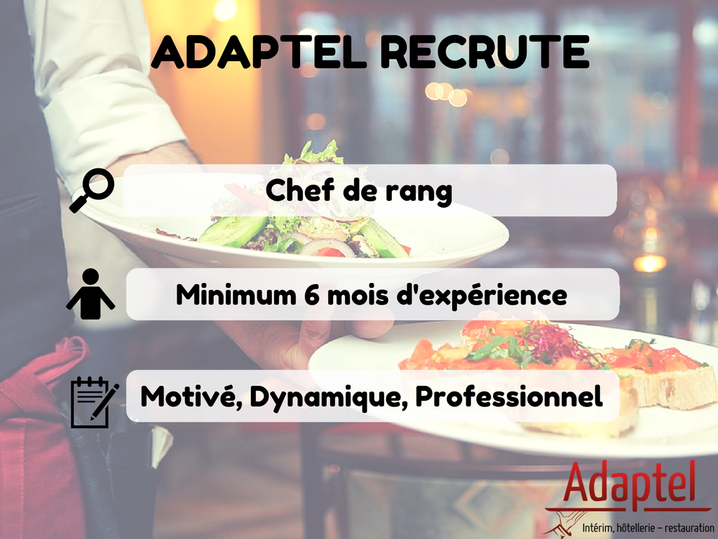 adaptel_paris's tweet photo. Nous recrutons un(e) chef de rang pour un de nos clients en #IDF. Contactez nous en privé ou venez directement en agence >  #emploi #interim #restauration #restaurant #CHR. https://t.co/Ab6rACYN41