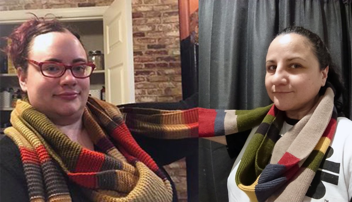 LostinRandom's tweet image. From Eastern Australia to Eastern USA, @swtcaroline6824 &amp;amp; I #GISHBond over our love of the 4th Doctor, Tom Baker. Stretching 15,239km, that's one long scarf!