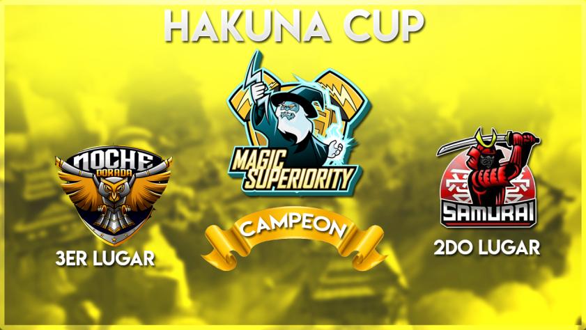 ................🏆#HakunaCup🏆.............. 

 Tercer Lugar                    🏆CAMPEONES🏆          Segundo Lugar
 <a href="/BIO_eSportsCR/">BIO eSports CR</a>                 @MS_eSportsGG           @Sel_SamuraiPY 

                                             ¡ENHORABUENA!