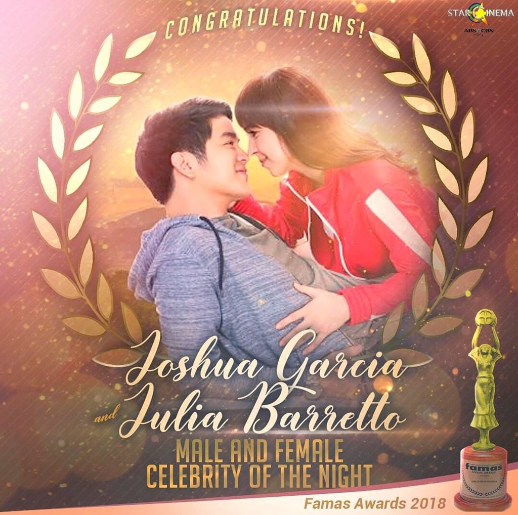 JoshLiaSquad's tweet photo. Congratulations again Joshua and Julia for winning Male and Female Celebrity of the Night at FAMAS Awards 2018. ❤️

@BarrettoJulia @iamjoshuagarcia https://t.co/7zee6iu4HW