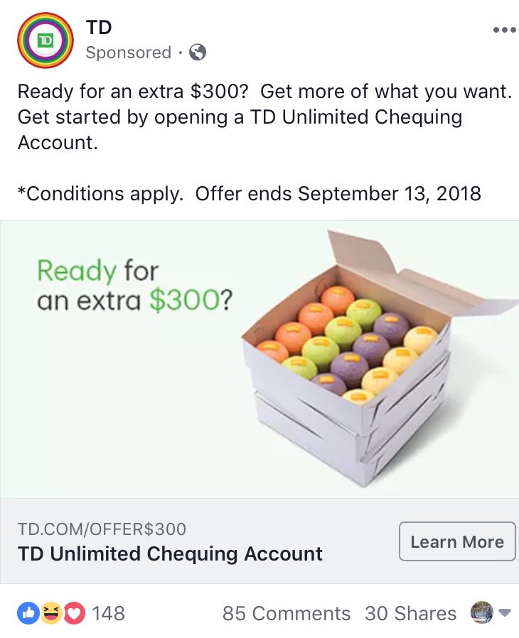 olivejali's tweet photo. WOW!! Sometimes AI of Facebook ads scare me but this is so nice... Boxes of puto (filipino rice cakes) caught my eye with this ad... way to go TD Bank!! #proudtoworkforTD https://t.co/ovNkZhUv4U