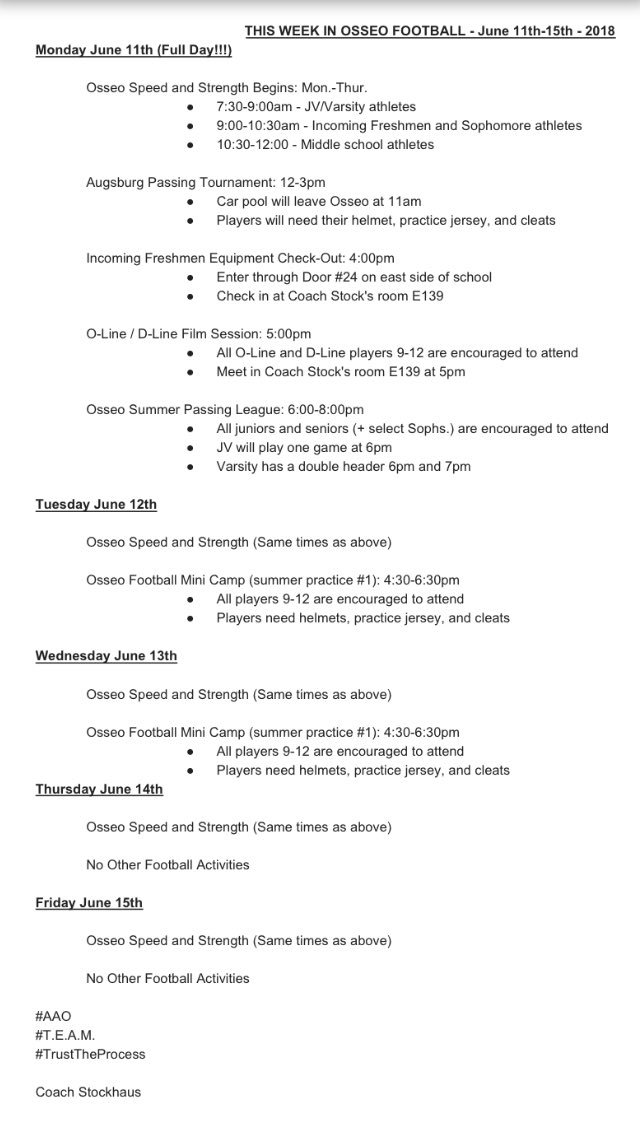Osseo_Football's tweet photo. Take a look at the schedule for the week of June 11th for Osseo football. Great opportunities to get better as a team! #AAO https://t.co/82qf8EBaxl