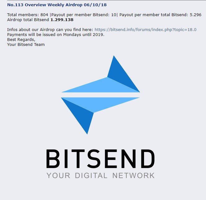 bit_send's tweet photo. $BSD #Bitsend #bsd Hello together, the new week starts again great. Here‘s the new #AirDrop #overview No. 113 #masternode #coin https://t.co/ibui84kawR