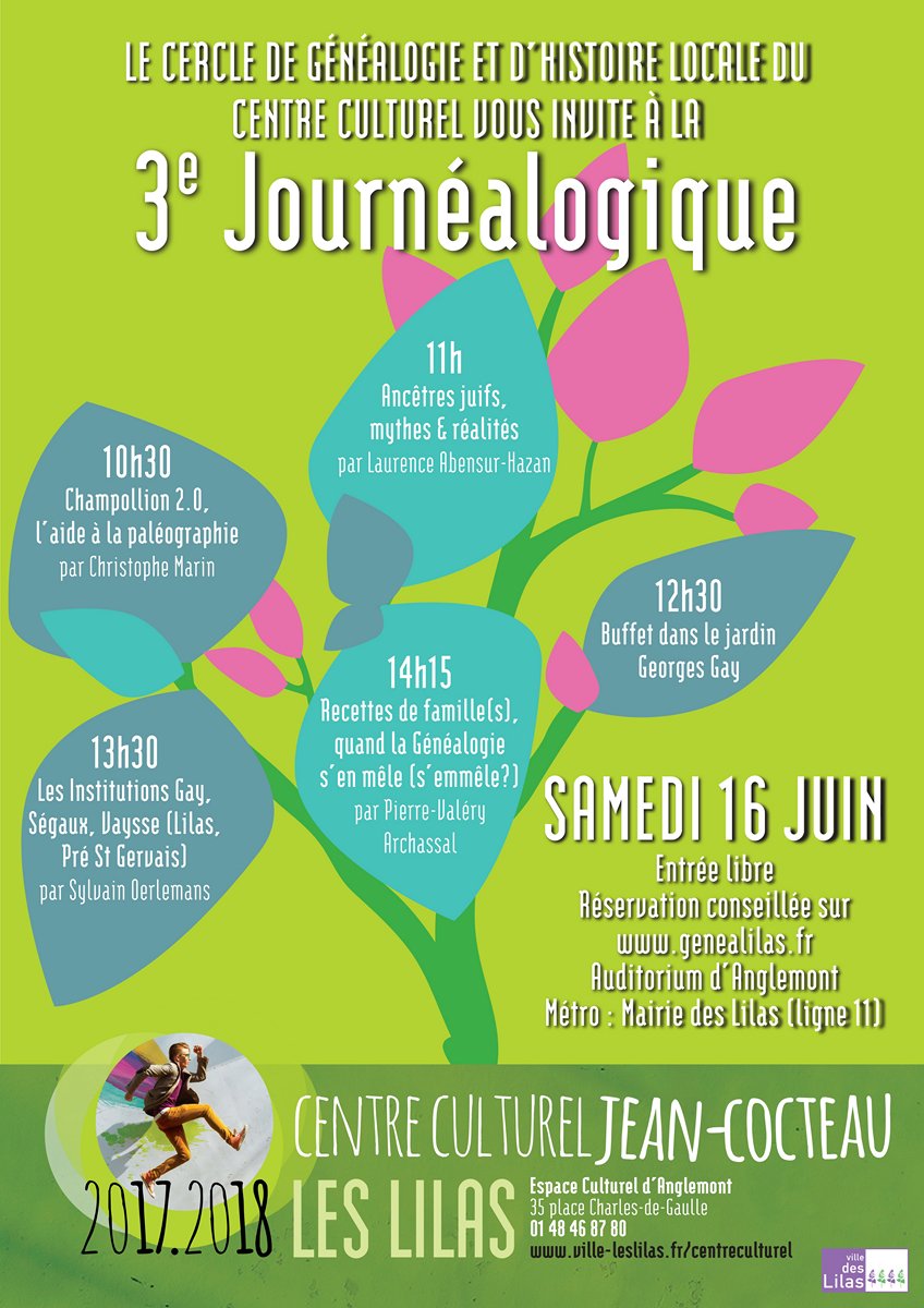 geneagenes's tweet photo. samedi 16 juin : 4 conférences inédites aux LILAS (93) avec @PV_Archassal et Laurence Abensur-Hazan ...  10h30-16h00 #Genealogy #genealogie #histoire #conference https://t.co/ElASpC1Zhb
