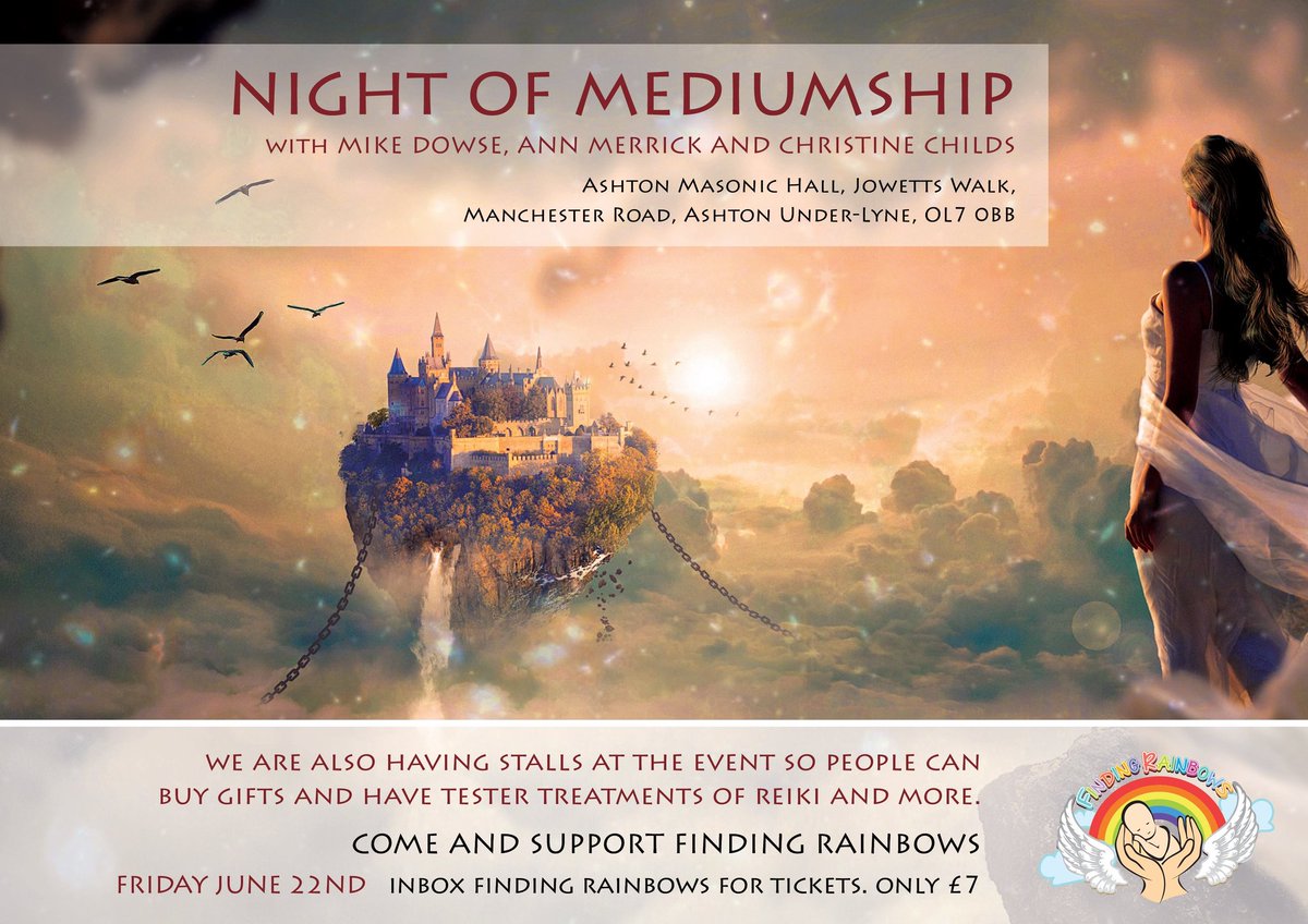 FindingRainbow1's tweet photo. Don't miss out on our next event! Tickets still available! Doors open at 7pm to see all the amazing stalls we have and then we'll be starting by 7.45! #tamesideevents #Tameside #charityfundraiser #spirituality #medium #stalls #AshtonUnderLyne Don't Miss Out! πβ€οΈπ https://t.co/N2abMh5LgB