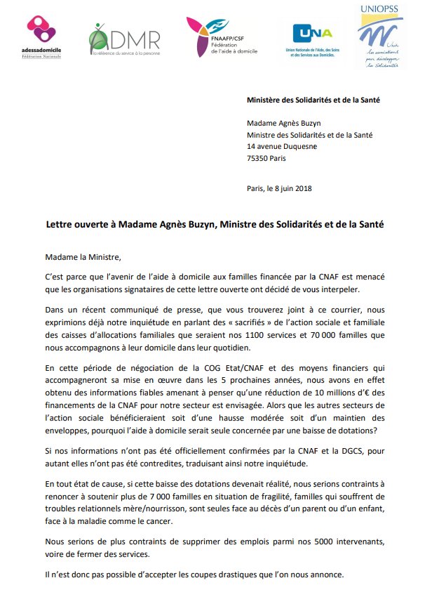 FedeAdedom's tweet photo. Lettre ouverte des 4 fédérations d'aide à domicile et de l'Uniopss à @agnesbuzyn : "Nous refusons que 1 100 services et 70 000 familles soient les « sacrifiés » de l’action sociale de la CNAF !" https://t.co/HhrfFfxakW - @ADMRun @FNAAFP_CSF @UNAdomicile @cnaf_actus https://t.co/6m26mqxm7C