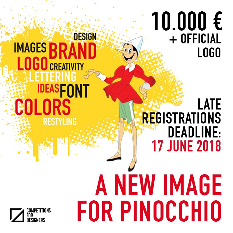 CODE_design_00's tweet photo. A NEW IMAGE FOR PINOCCHIO
LATE REGISTRATIONS END: 17.JUN.2018
Last week to join our 10.000 € graphic competition!
Fondazione Collodi is waiting for your proposal to find a new graphic identity for its Pinocchio!
Submission deadline: 20.JUN.2018
https://t.co/EByAgkyhhv
#CODE #NIP https://t.co/sDGorMSbNJ