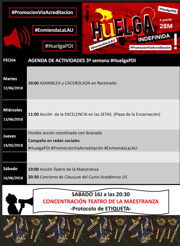 ComitePDI_US's tweet photo. Buenos días! Hoy comienza la tercera semana de la #HuelgaPDI Aquí tenéis el calendario de movilizaciones #PromociónVíaAcreditación #EnmiendalaLAU https://t.co/mCFMwLHFl1