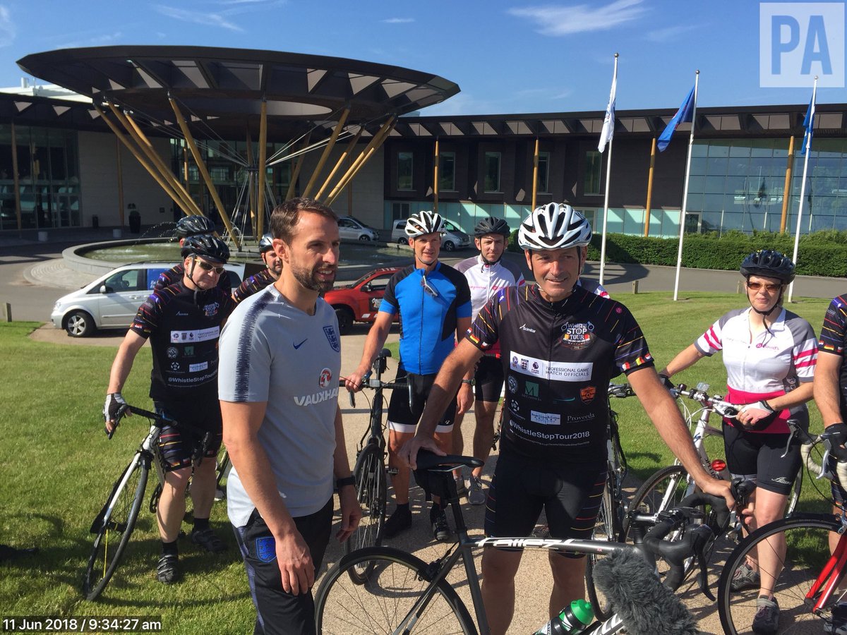 WhistleStopTour's tweet photo. Great to have @England manager Gareth Southgate, @PA and @SkySportsNews wave us off from @StGeorgesPark this morning. Thanks for all of the support! 💪🏽🚴‍♂️ #WhistleStopTour2018 https://t.co/HSy6d5hiL2