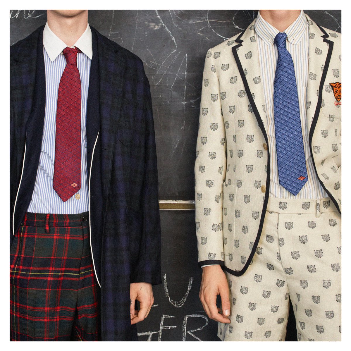 gucci's tweet image. Geometric patterns and repetitive designs embellish new men’s suiting pieces from #GucciPreFall18 by #AlessandroMichele.