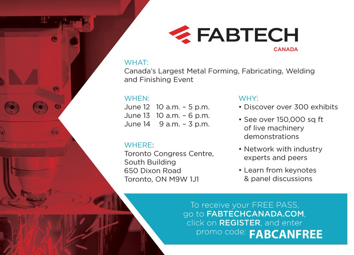 FabtechExpo's tweet photo. FABTECH Canada Starts Tomorrow! 💥

Free registration extended until 11:59pm tonight: https://t.co/Xm4ms4xCHS 

June 12 - 14 
#Toronto Congress Centre

#FABTECHCanada #welding #fabricating #metalworking #mfg #event https://t.co/DfnbyIfm6d