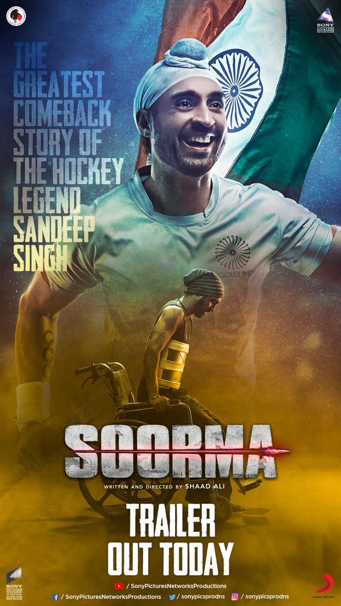 Yes it's here!!! <a href="/Imangadbedi/">ANGAD BISHAN SINGH BEDI</a> is ready to take you on an emotional joyride as Bikramjeet in #Soorma , releasing on 13th July! Trailer, out today!! @sonypicsprodns @Flicker_Singh <a href="/diljitdosanjh/">DILJIT DOSANJH</a> <a href="/taapsee/">taapsee pannu</a> <a href="/IChitrangda/">Chitrangda Singh</a> <a href="/SnehaRajani/">Sneha Rajani</a> <a href="/shaadesh/">Shaad Ali</a>  <a href="/thecsfilms/">csf</a> #dontletthisstorypass