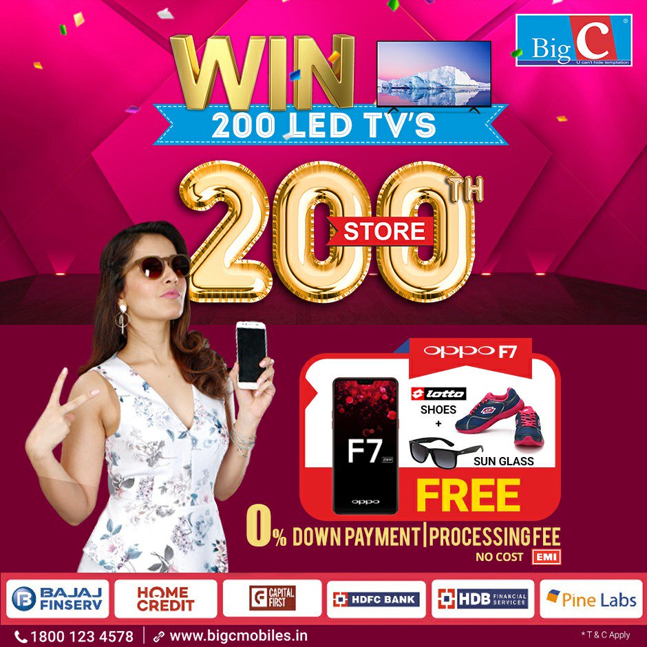 BigCMobilesIND's tweet photo. 200 LED Tvs up for grab, with Amazing finance offers on the #celebration of our 200th store.
Also, many other free goodies! Head to a store and buy a phone now to get a chance to win!! #BigCMobiles #SmartPhones #200thBigCstore #BuyandWin #EMIOffers https://t.co/OnkcEudzSt