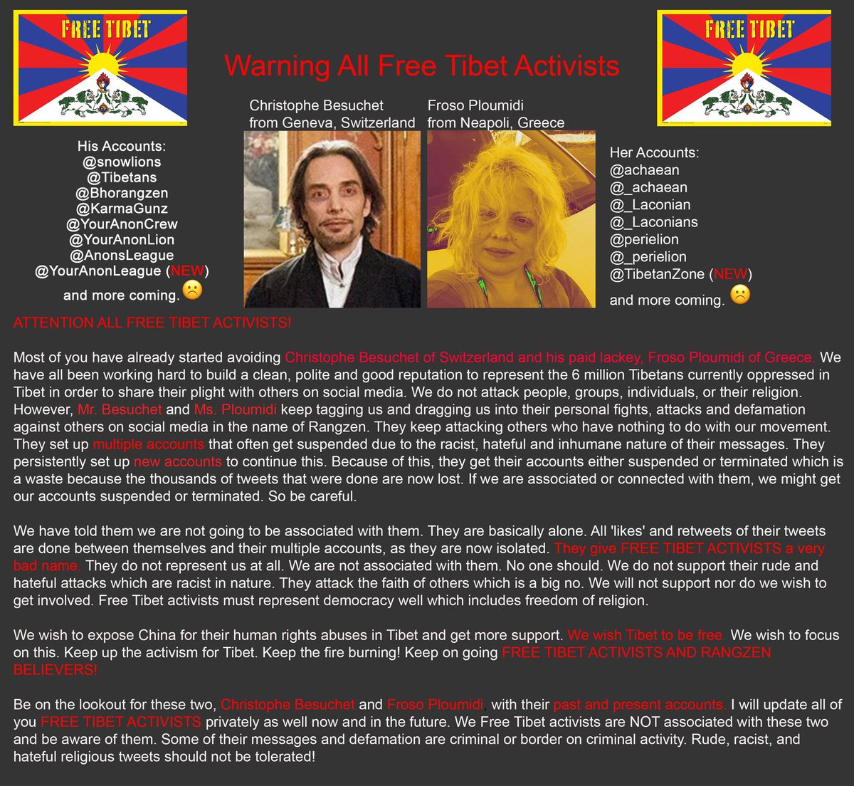 _TibetanZone's tweet photo. Hi everyone, my name is Froso and I’m a white extremist. (Hi Froso!) I had six Twitter a/cs but they were suspended because Twitter doesn’t allow people who are vulgar, racist and hateful towards religions. (Naughty Froso!)

#FreeTibet #DalaiLama #DalaiLamaIsWrong #RangzenForever https://t.co/kAOcu4qYzF
