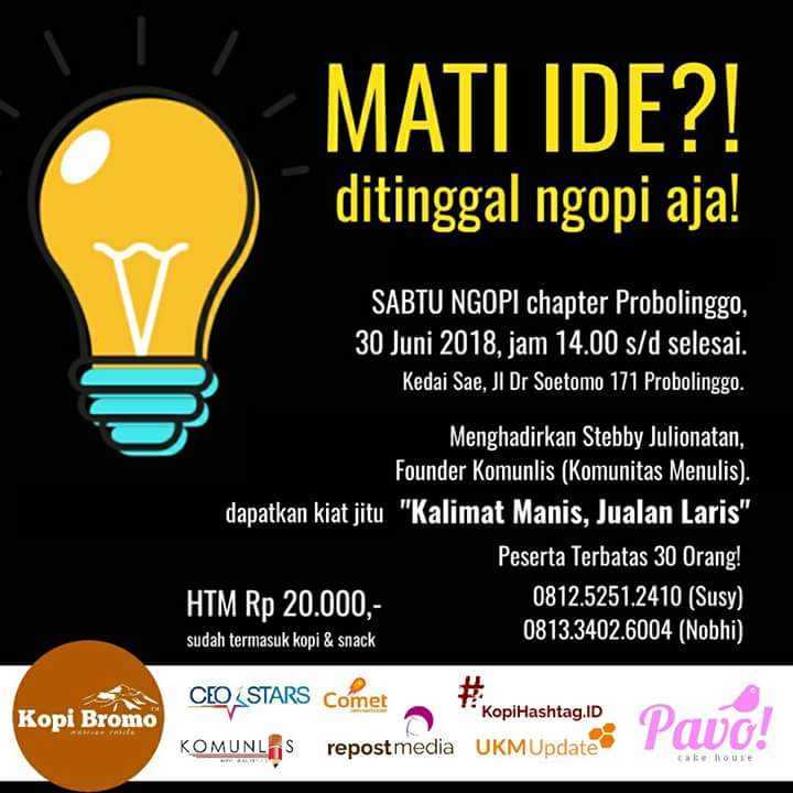(3/5) Wajib hadir di acara #SabtuNgopi. Ngopi asyik, dapat ilmu bisnis, plus jejaring, seru nggak sih?! <a href="/suarakotaprob/">#LaporoRek!!!</a>
#Berjejaring #bisnis