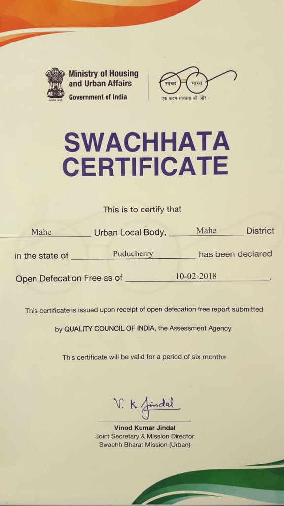 LGov_Puducherry's tweet photo. #Mahe , a Region of #Puducherry has sustained in being #OpenDefecationFree #ODF 
Thanks to the persistence, inspiration and resources from GOP and @PMOIndia @SwachhBharatGov @thekiranbedi @mncmahe https://t.co/ceMzr47lEn