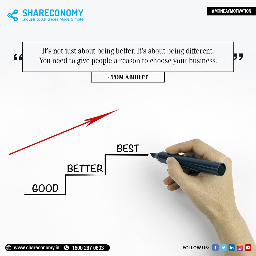 shareconomy_in's tweet photo. #MondayMotivation: It's not just about being better. It's about being different. You need to give people a reason to choose your business. - #TomAbbott
#FoodForThought #Shareconomy https://t.co/594JFhTIFj