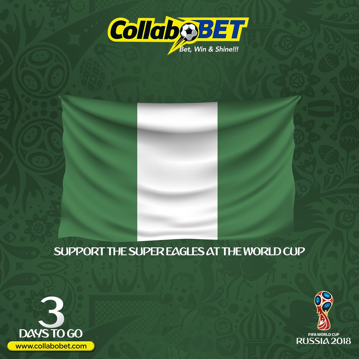 CollaboBet's tweet photo. ⚠ #MASSIVE #ODDS #SEASON ⚠
#COUNTDOWN TO #fifaworldcup #3daystogo #russia2018⚽ #russia2018fifaworldcup
.
#collabobet #bet #win #shine #sports #betting #football #sportsbetting #9ja
.
.
Ff @collabobet & SignUp 👉 https://t.co/NNf1brJULy 4 #bestodds #FastestPayout #highestbonus https://t.co/OJN3LHQ2g2