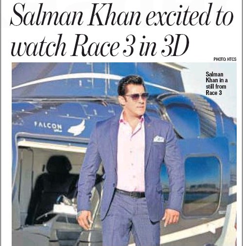 SabinaLamba's tweet photo. #SalmanKhan excited to watch #Race3 in 3D.
#Race3 takes the Race franchise to an all-time high with action that is a notch higher &amp;suspense that will keep u at d edge of ur seats.#Race3ThisFriday seems set to break d box-office records.
#4DaysToRace3 😊👍 https://t.co/7gnSRl1LC1