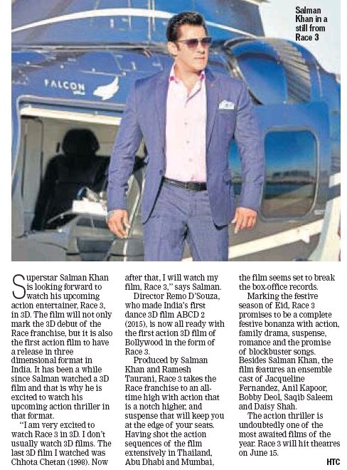 SabinaLamba's tweet photo. #SalmanKhan excited to watch #Race3 in 3D.
#Race3 takes the Race franchise to an all-time high with action that is a notch higher &amp;suspense that will keep u at d edge of ur seats.#Race3ThisFriday seems set to break d box-office records.
#4DaysToRace3 😊👍 https://t.co/7gnSRl1LC1