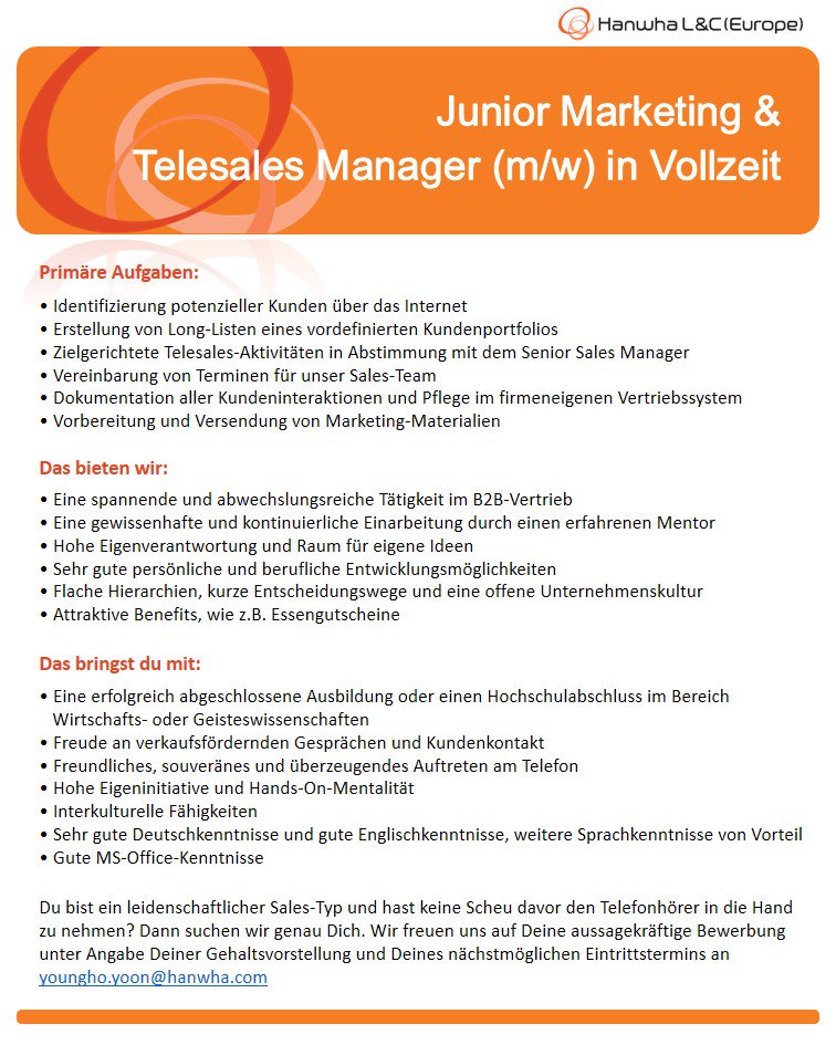 Für den Bereich acrylgebundene Mineralwerkstoffe suchen wir ab sofort einen talentierten Junior Marketing &amp; Telesales Manager (m/w) in Vollzeit als Unterstützung für unser Büro in Eschborn.