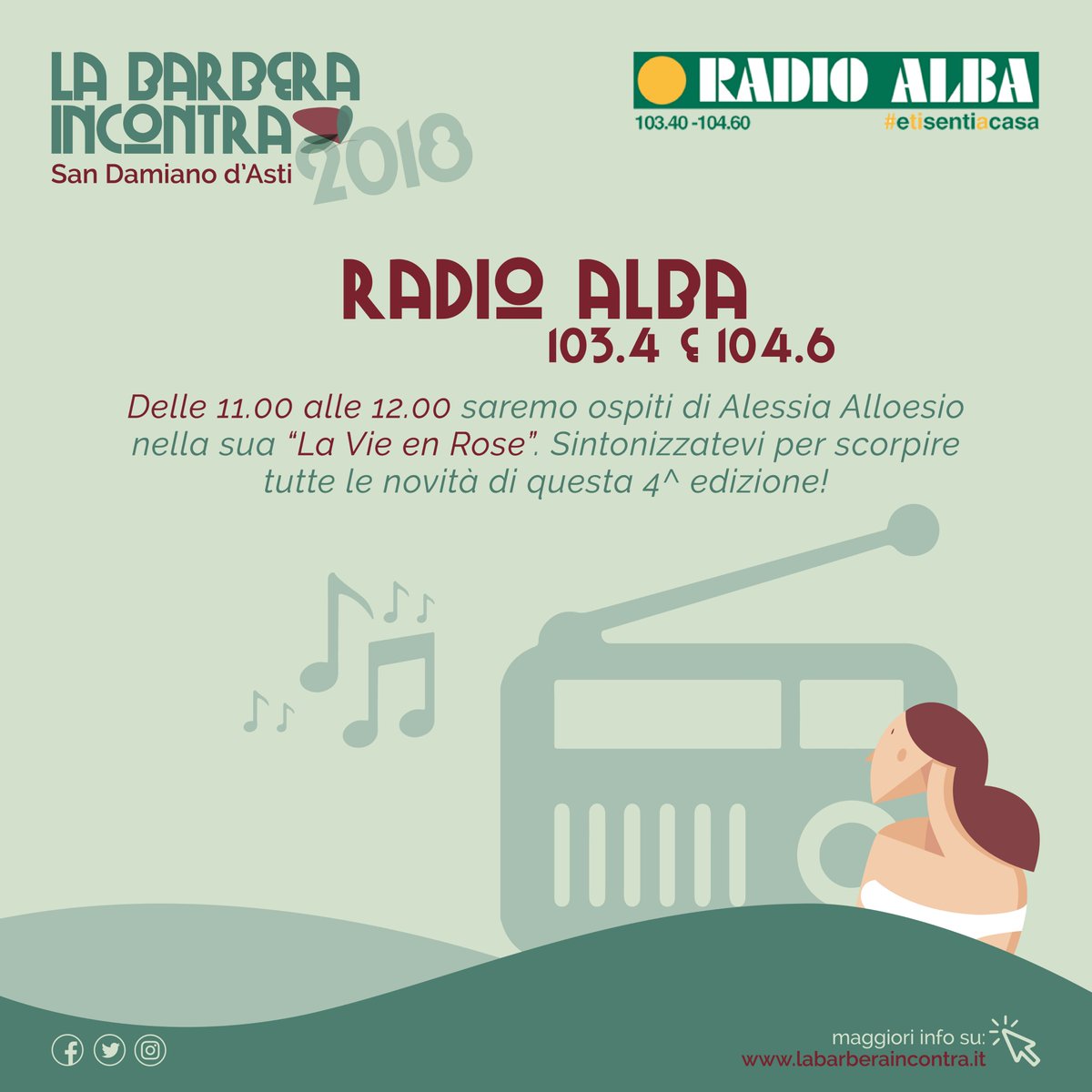 BarberaIncontra's tweet photo. #LaBarberaIncontra ospite a @radioalbalive oggi dalle 11.00 alle 12.00, ne "la Vie en Rose" di Alessia Alloesio.

🔊 Per la diretta: Frequenze 103.4 e 104.6 o sul sito https://t.co/lhFkDt3aVB  🎧

Per maggiori info vai all'evento ufficiale: https://t.co/WjAK9QS2HD

#RadioAlba🍷 https://t.co/SQPiGpO9Mr