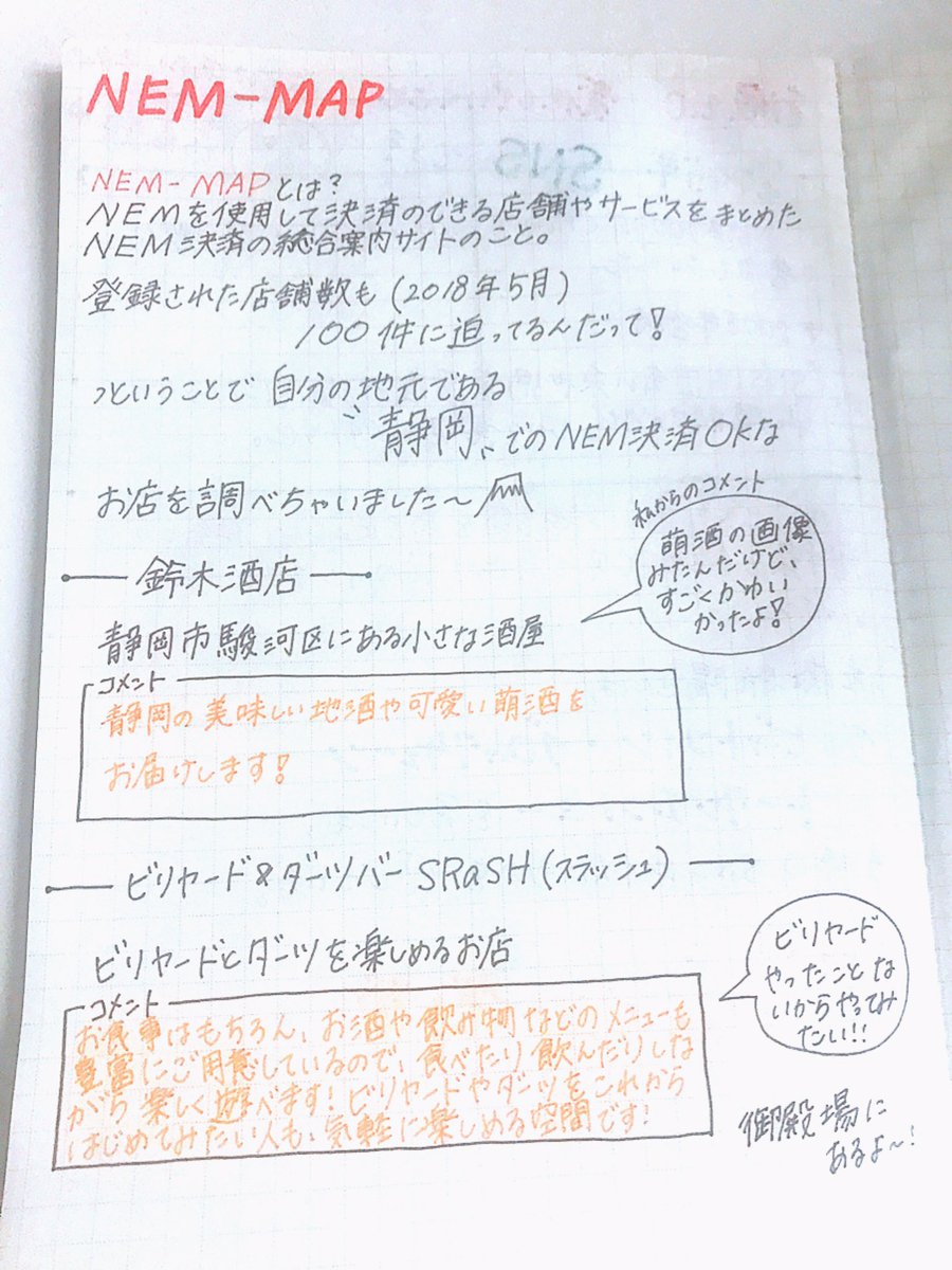 前から気になっていた、
NEM MAPについて調べました！

ノートには100店舗と書いてあるのですが、もう今は100店舗超えているのかな？？
私の地元静岡県でのお店は、
鈴木酒店さん  ビリヤード＆ダーツバー
SRaSHさんの2件でした！
NEMが実際に決済で使えるって、
とても大切な事だよね☺️