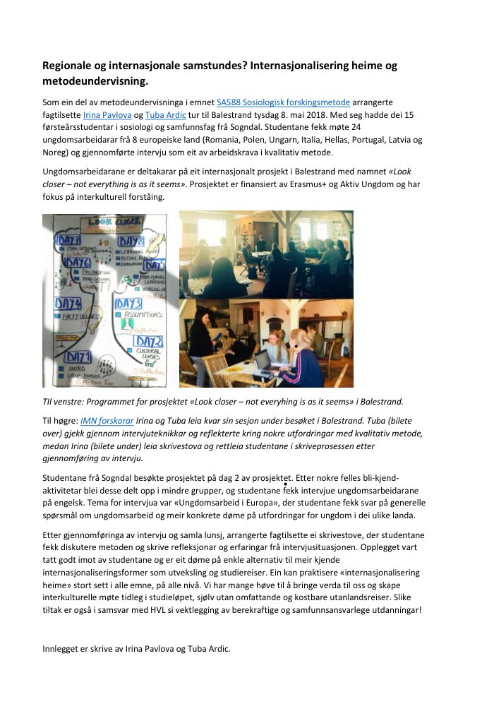 Regional og internasjonal samstundes? <a href="/ardic_tuba/">Tuba Ardic</a> og @IrinaPavlova88 delar erfaringar om ‘internasjonalisering heime’. #internasjonalisering #utdanning #sosiologi hvl.no/contentassets/…