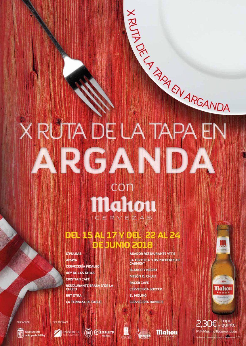 Arganda_Ayto's tweet image. La X Ruta de la Tapa de #Arganda se celebrará durante los dos próximos fines de semana, del 15 al 17 y del 22 al 24 de junio, con la participación de 16 establecimientos hosteleros de la localidad
goo.gl/jt1T5Z