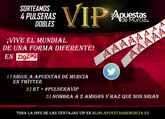 ApuestasdMurcia's tweet photo. ¡Tienes hasta mañana a las 10:00h para participar!
¡Vamos! #PulseraVIP #MundialRusia2018 @zigzagmurcia
Toda la info de la promo aquí ➡️ https://t.co/D36AksgT97 https://t.co/OTRv5DoL1c