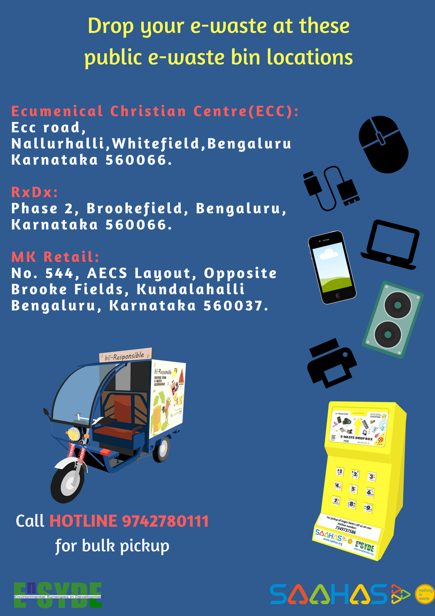 bresponsibleone's tweet photo. Check out our new public e-waste bins set up in Whitefield! 
#beresponsible #ewaste #ENSYDE #Saahas https://t.co/IKbwatqS30