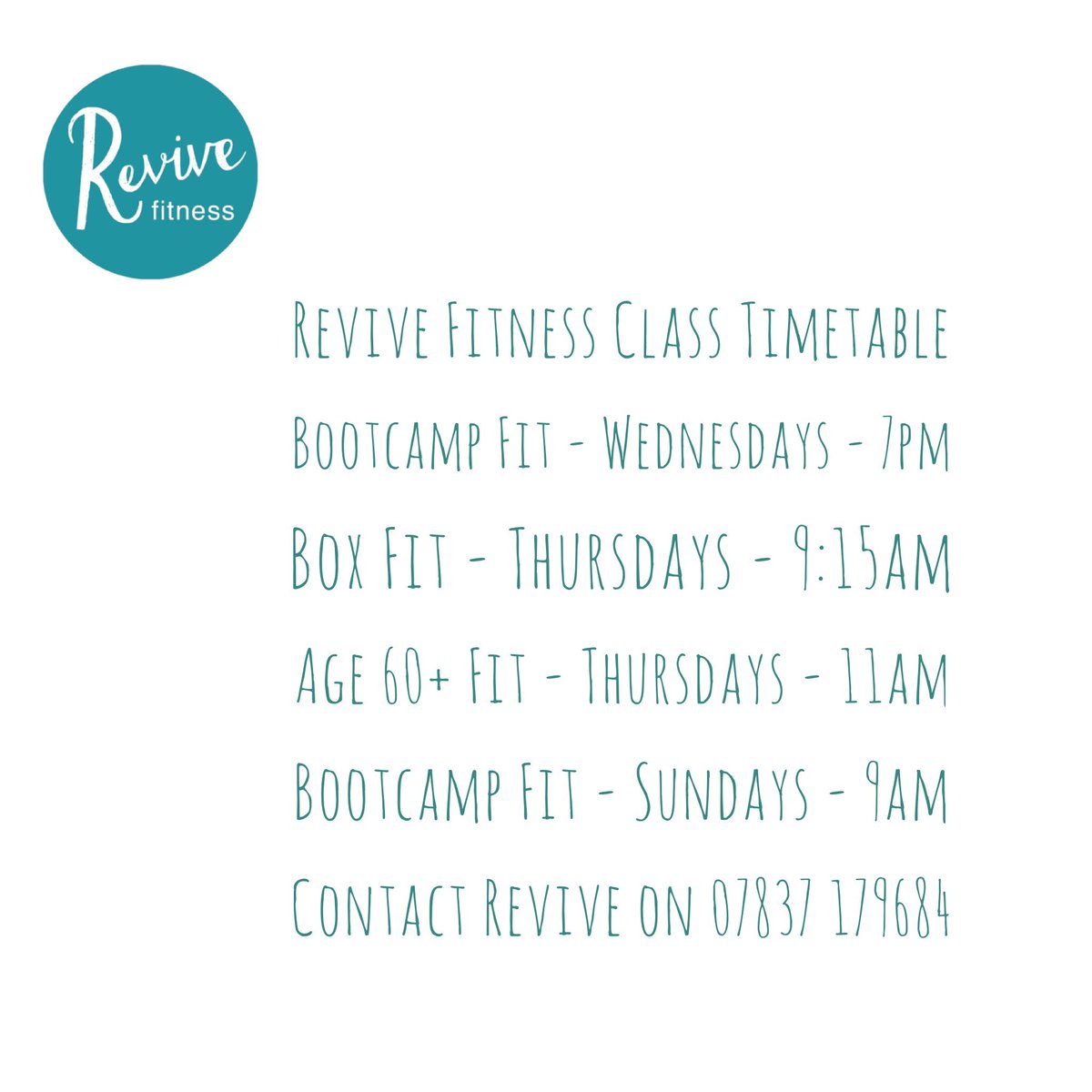 Good morning world! Wishing you all a great week ahead. 
Here’s what’s going on at Revive Fitness this week....for any enquiries or to book onto a class drop us a line via Facebook or on 07837 179684.