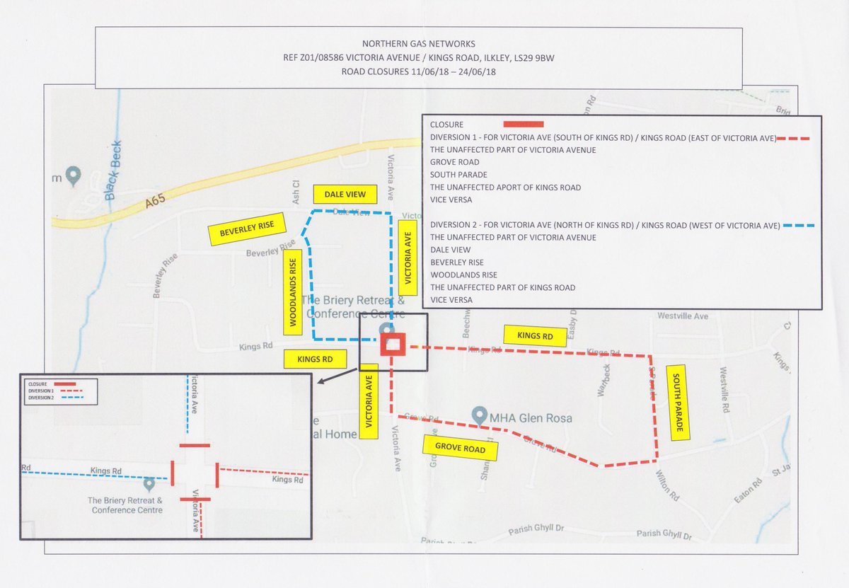 Northern Gas Networks are carrying out gas maintenance work on Victoria Ave #Ilkley, temporary lights are currently in use.
As work progresses Victoria Ave will be closed at its junction with Kings Rd (see attached), due to start today (Mon 11 June) until Sun 24 June.